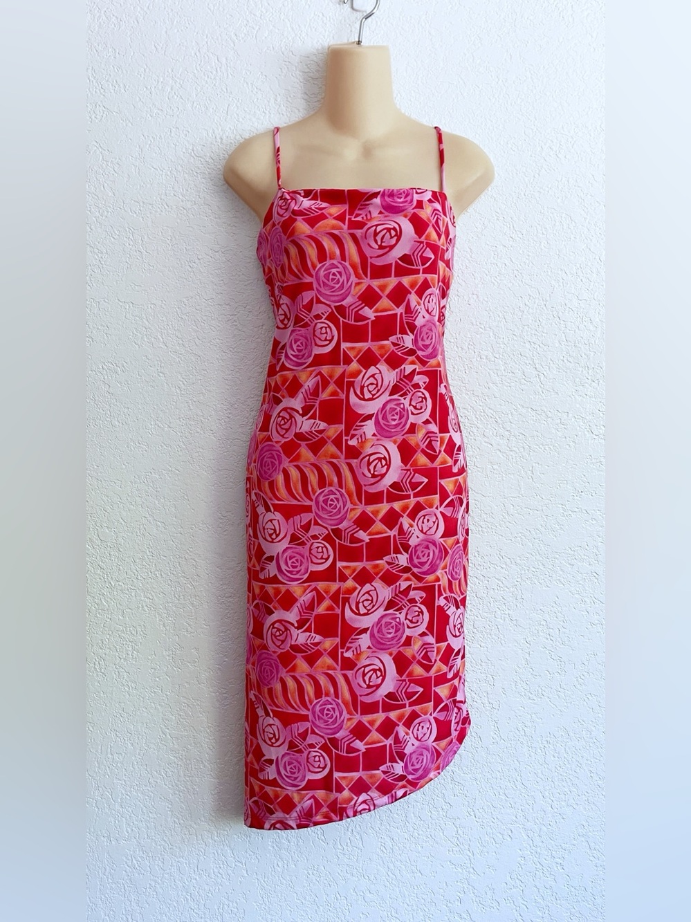 Y2K Coquette Pink Red Floral Slip Dress Asymmetrical Hem Medium Bratz Whimsy